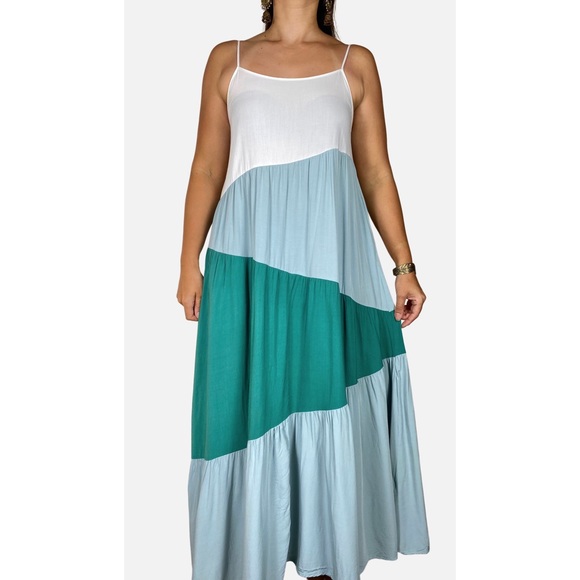 ST FROCK White Green Colourblock Pintuck Rayon Maxi Dress w Pockets Size 12-14 - Picture 2 of 11